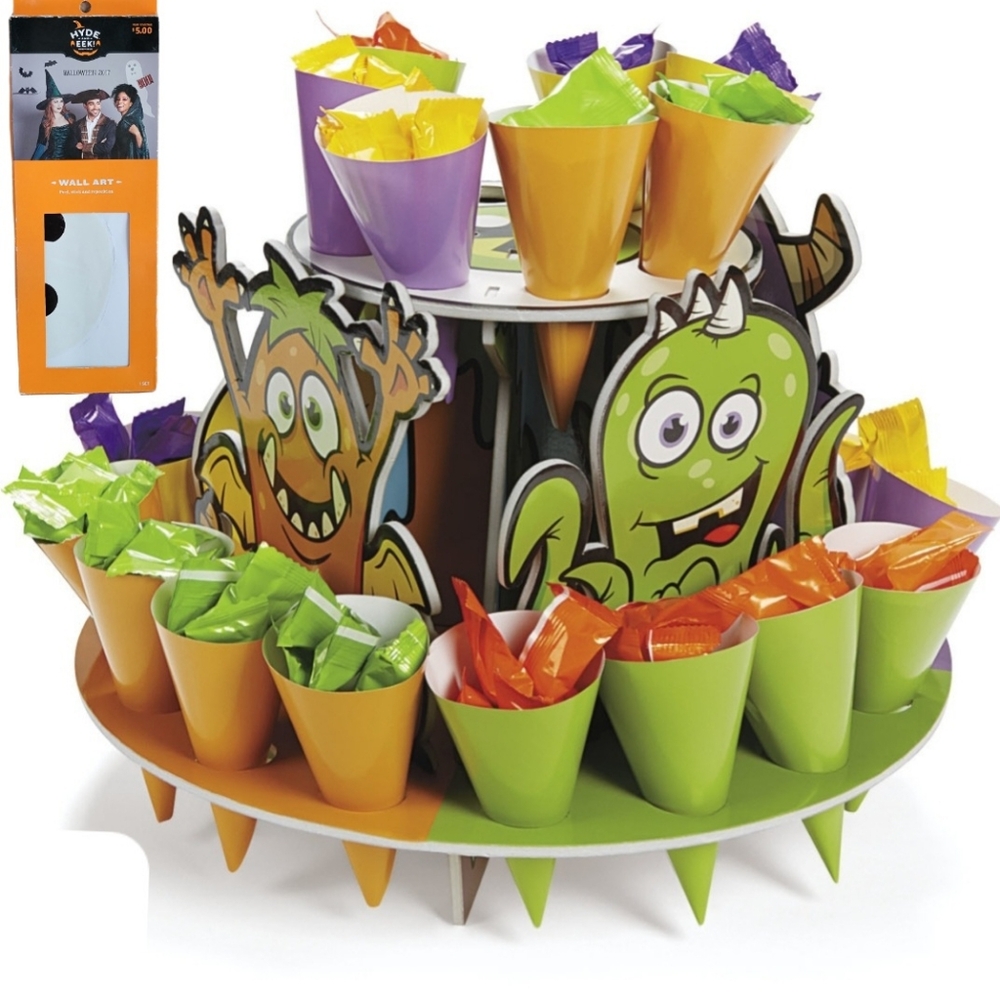HALLOWEEN MONSTER TREAT STAND WITH CONES AND TARGET HYDE AND EEK WALL STICKERS